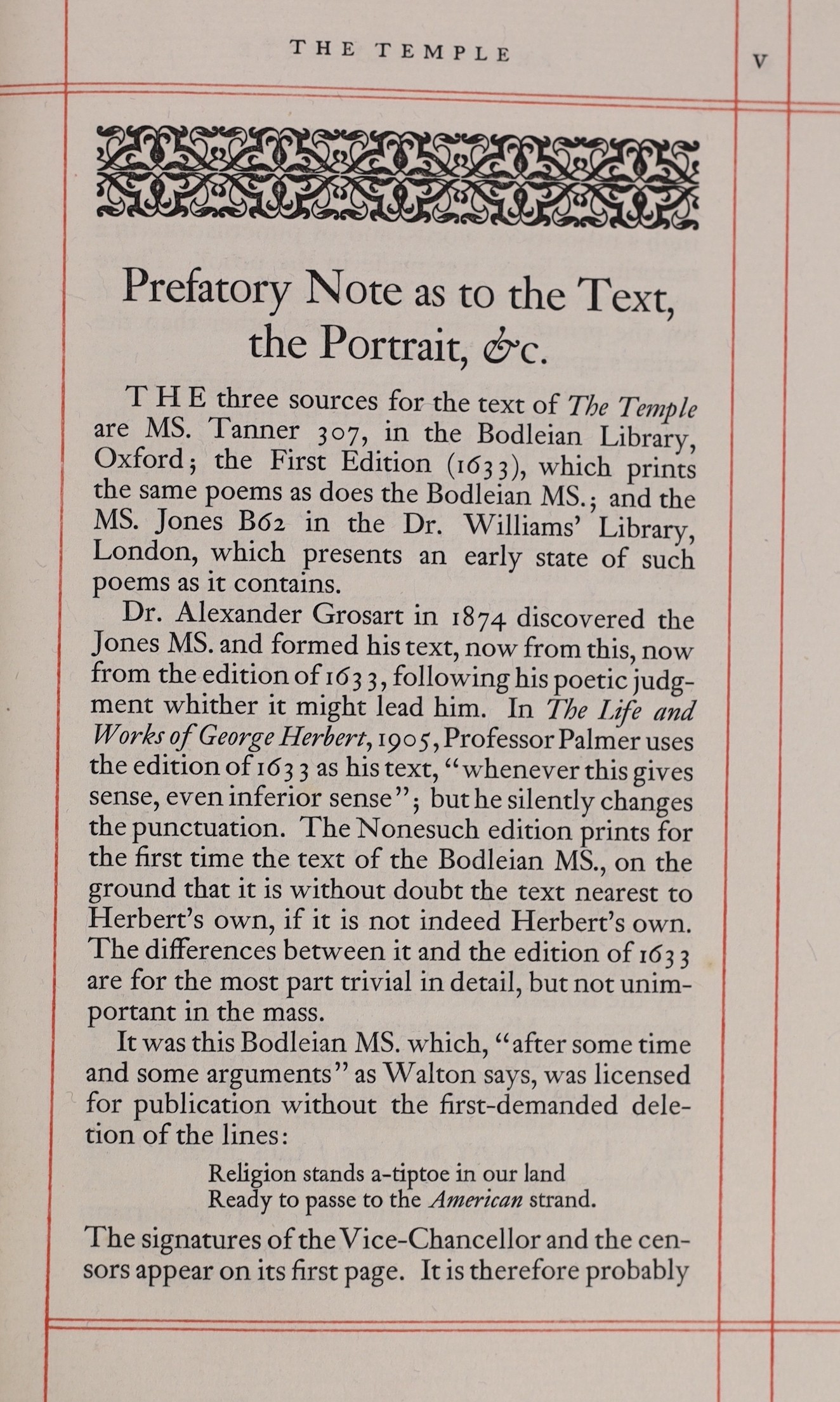 Herbert, George - The Temple; Sacred Poems and Private Ejaculations, one of 1500, 8vo, red brocade covered boards, Nonesuch Press, London, 1927